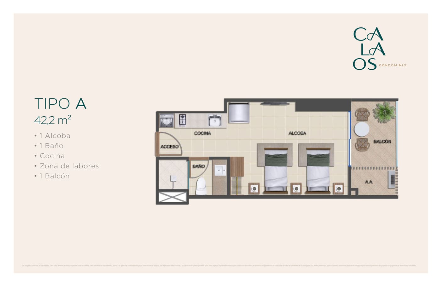 Plano Tipo A, variante 42,2 m²