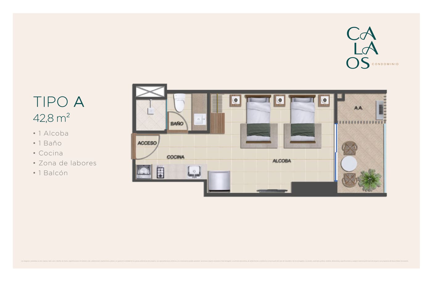 Plano Tipo A, variante 42,8 m²