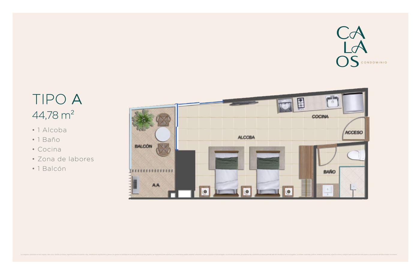 Plano Tipo A, variante 44,78 m²